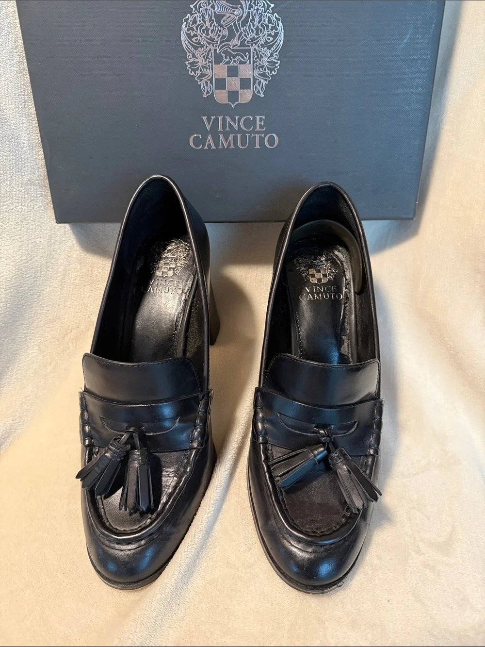 Vince Camuto Chelivia Black Leather Tassel Block-Heel Loafers, Size 9